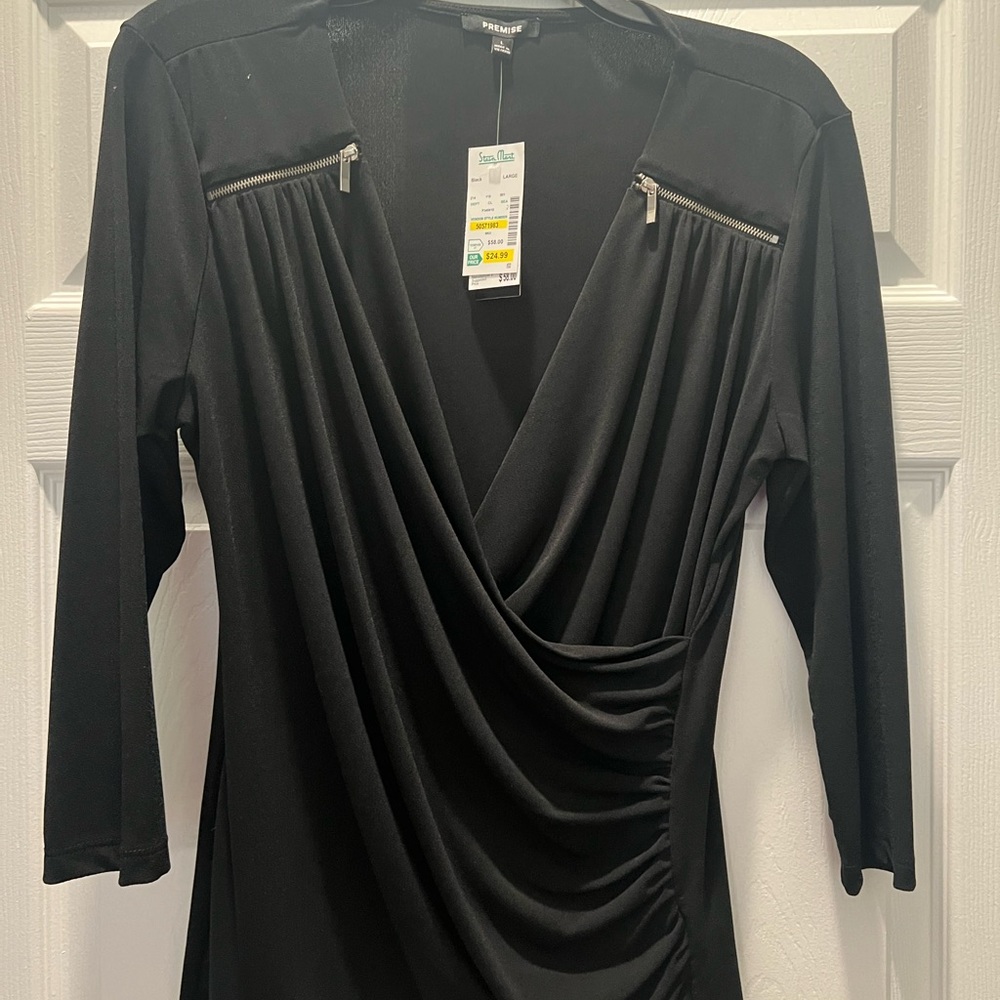 Womens Premise blouse, faux wrap, black size large